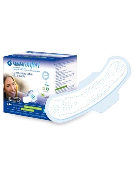 FARMACONFORT COMPRESAS ULTRA NOCHE ALGODON ECOLÓGICO 10 UNIDADES