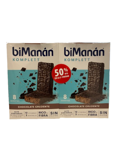 BIMANAN DUPLO 2 UNIDAD 50% BARRITAS CHOCOLATE CRUJIENTE 8 UNIDADES
