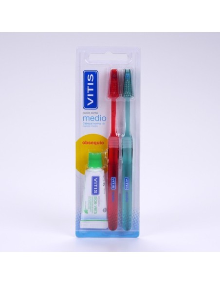 VITIS DUPLO CEPILLO MEDIO CABEZAL NORMAL + PASTA DENTÍFRICA  15 ML